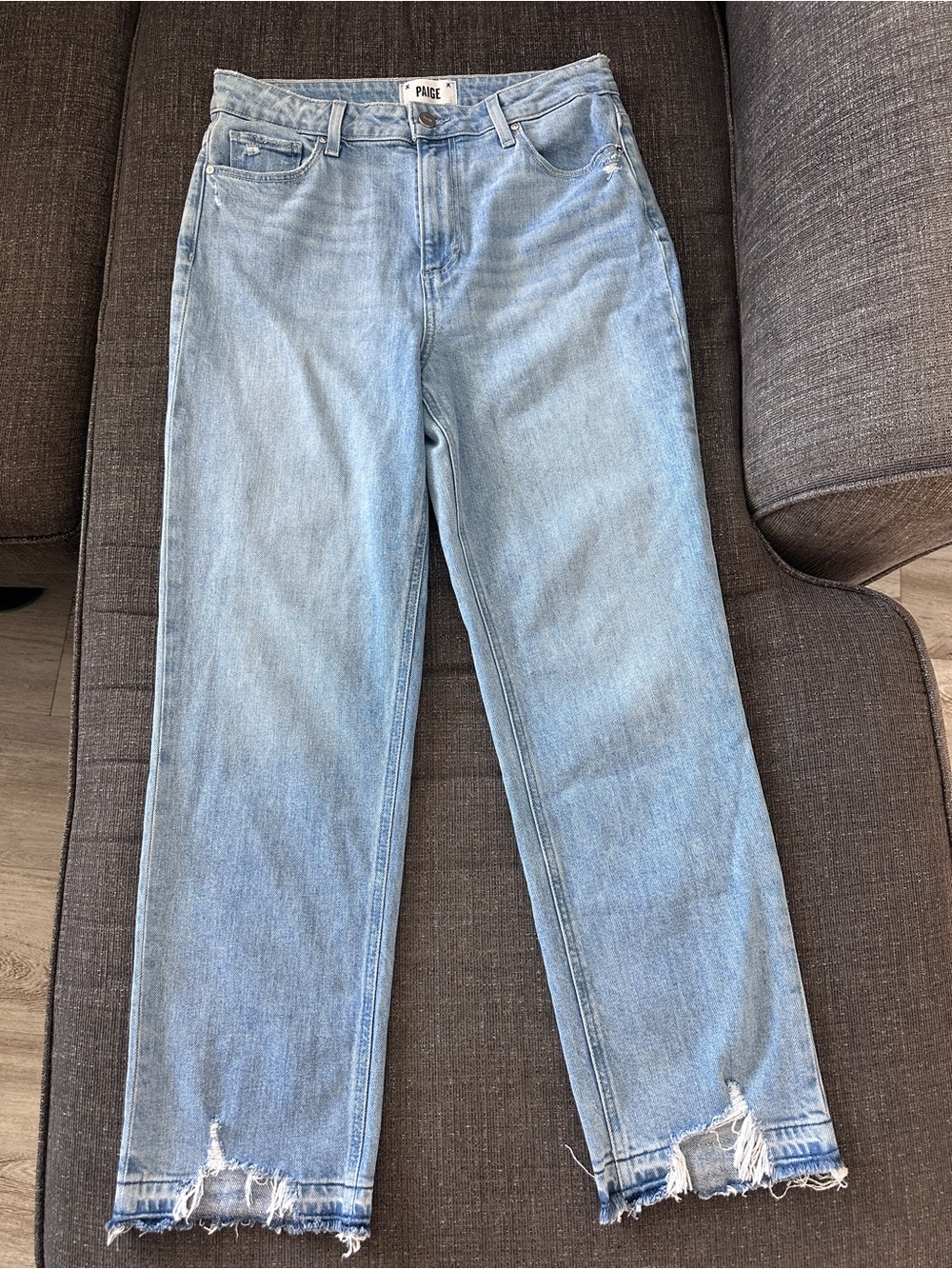 PAIGE Sarah Straight Ankle Jeans 29 Light Wash Distressed Raw Hem